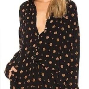 Free People Paisley Flowy Blouse Black Top Size Large Button Down
